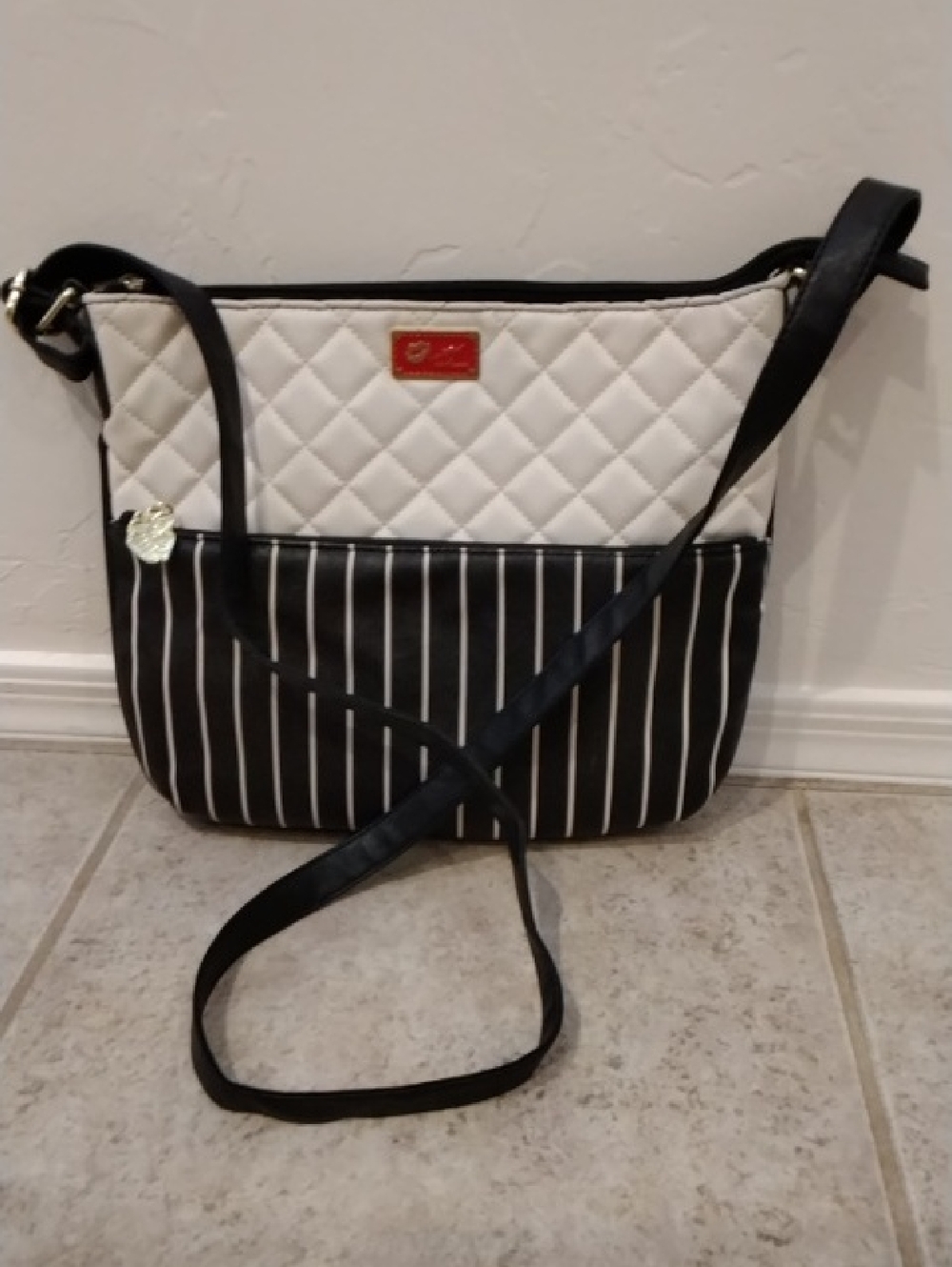 Betsey Johnson Quilted Cream and Black Striped Crossbody Bag